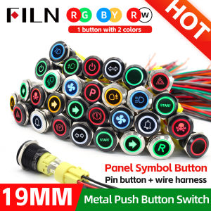 FILN 19mm Push Button Switch 12V 24V LED Stainless Steel Black Metal  Dashboard Warning Symbol ON OFF Car Racing Switch