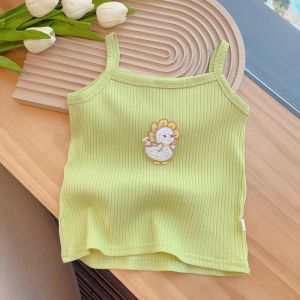 Girls Summer Vest Cartoon Embroidery Strapless Slim Fit Elastic Base Shirt Candy Color Top Thin Summer Outfit for Kids