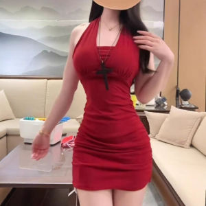 Red Strapless Shoulder Bared Chain Linked Neck Hanging Dress Womens Summer Slimming Pleated Short Skirt High Waist Wool Blend