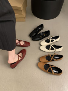 Comfortable Soft Leather Mary Jane Shoes Womens Flat round Toe Cross Band Slip-On Fashionable All-Season Low Heel Flats