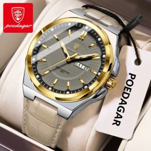 POEDAGAR Genuine Mens Watch Leather Strap Luminous Calendar Multifunctional 100% Waterproof Quartz Watch 896