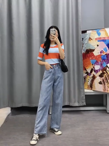 Kaos Wanita Short Sleeve Model Crop Bahan Rajut Belang / Shirt Crop Top Stripe Knit Fashion CF P461