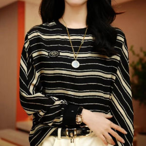 High-End Fashionable Stripe T-Shirt Loose Long Sleeve round Neck Simple Match All Autumn New Style Slimming Effectiveness