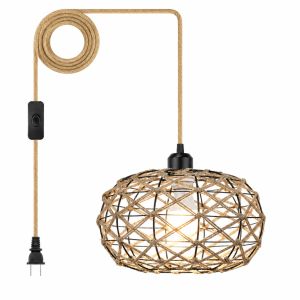 JOYINLED Rattan Chandelier with Plug in Cord and On/Off Switch Boho Hemp Rope Pendant Light Fixture for Bedroom Living Room