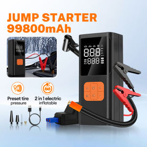 2-in-1 Car Jump Starter 99800mAh Battery & Air Compressor Pump with Flashlight Warning Light Function Multifunction Portable Car Jump Starter Set 汽车应急电源&充气泵