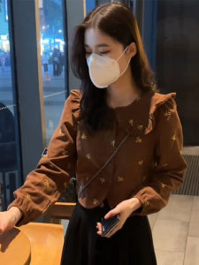 Stylish Niche Style Corduroy Doll Collar Shirt Womens Spring and Autumn Floral Western Style Youthful-Looking Inner Bottoming Top