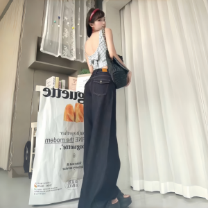 High Waist Loose Fit Floor Length Deep Blue Wide Leg Jeans Womens plus Size Drapey Versatile Trousers for Tall Women 175cm