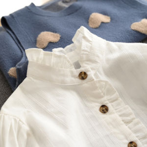 Pure Cotton Long Sleeve Ruffle Collar Childrens Shirt Spring Autumn Style for Girls Ages 2-11 Sweet Simple Design