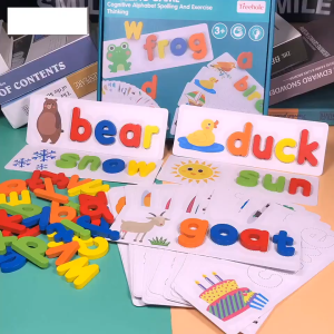 Early Learning Wooden Spelling Game Letter Matching English Jigsaw Letter Puzzles Wooden Cardboard Colorful Cartoon Alphabet Spelling Toy Early Education Exercise Thinking Game
