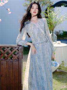 Sweet Lace V-neck Top And Midi Skirt Two-piece Set French Blue Dyed Long Sleeve Dress Soft Polyester Spring Summer Commute Style