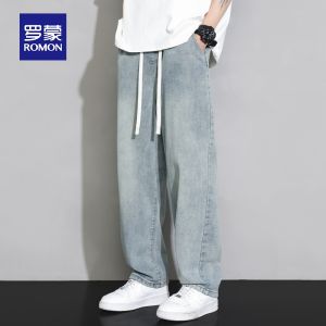 ROMON | Romon Mens Loose Straight Leg Jeans Elastic Waist Wide Leg Thin Summer Trendy Light Blue Long Trousers Youth Fashion Cotton Blend