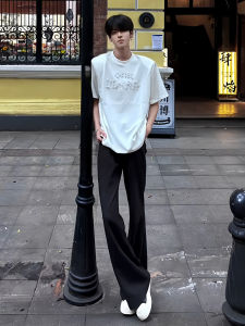 กางเกงลำลองชายผ้าไหมน้ำแข็งสีขาว ทรงตรง ทรงหลวม ทรงบาง ทรงลำลอง ทรงฤดูร้อน ทรงลำลอง ทรงลำลอง