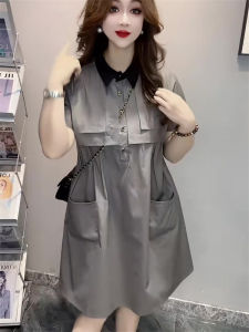 Fashionable Casual Womens Shirt Dress Korean Style Summer New Arrival Short Sleeve Polo Collar Patchwork Color Commute Dress