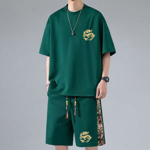 Chinese Style Summer Casual Suit Plus Size Waffle Short Sleeve T-Shirt Men Chinese Fad Sports Shorts Two-piece Set