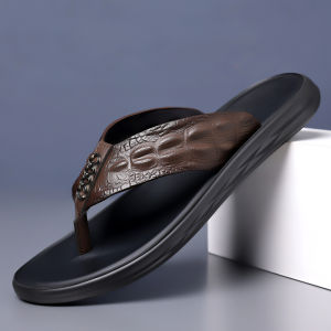 Mens Summer Anti-Slip Leather Sandals Casual Slip-On Shoes Comfortable Wear Resistant Flat Heel Pure Color Head Layer Cowhide