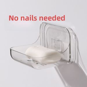 Transparent Soap Box Wall-Mounted Home High-End Bathroom Drainage Soap Storage Rack Luxury Design No-Punching Required