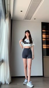 [EPSHOME]Set of 2pcs Womens Yoga Pants Short Sports Leggings Gym Tummy Control Jogging Slim Fitness Cycling Pants Safety Pants