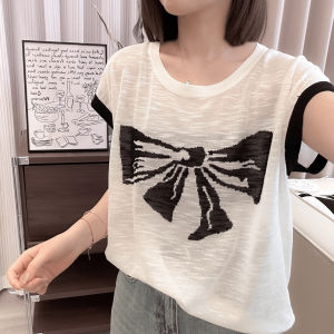 Sweet Butterfly Knot Print Design Loose Casual Short Sleeve T-Shirt Women Summer New Style Versatile Top Polyester Fiber