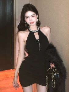 GUZILIAN | Elegant French Style Sleeveless Heavy Embellished Diamond Womens Dress Autumn Winter New Folded Waist Shaping Bodycon Skirt