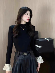 Fashionable High-End Feel Base Layer Shirt Half High Collar Long Sleeve Womens Inner Wear French Style Fleece-lined T-shirt