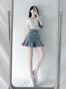Denim Ruffles Short Skirt for Women High Waist A-Line Design Sweet and Spicy Leaf Edge Summer Work Clothing