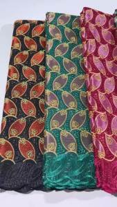 5Yards African Cotton Lace Fabric with Black Base & Terracotta Leaf Pattern Nigerian Swiss Voile Lace For Wedding Dresses
