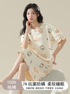 ชุดนอนผู้หญิงแขนสั้นผ้าฝ้ายแท้ฤดูร้อน 2025 ใหม่ ผ้าฝ้ายบางยาวถึงเข่า ลายการ์ตูนน่ารัก หลวม ไซส์ใหญ่ เสื้อผ้าสำหรับใส่อยู่บ้าน