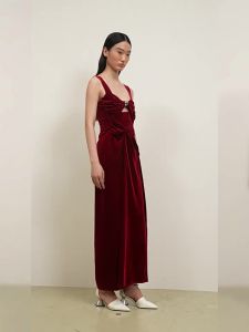 Summer Vintage Red Velvet Strap Hollow Dress