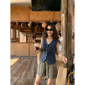 Old Money Style Linen Outfit V-Neck Vest Top Flared Skirt