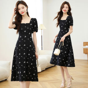 Impression Fashion Women Chiffon Floral Square Neck Short Puff Sleeve A-line Pleated Swing Midi Dress