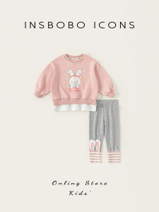 Adorable INSbobo Girls Two-Piece Set Cotton Polyester Blend Spring Autumn Wear Comfortable Rabbit Pattern Outfit for Kids