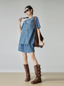 XIAODADEHUA | Vintage Blue Short Sleeve Denim Casual Set Summer