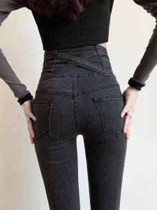 Grey Peach Butt Slim Fit Jeans Womens High Waist Skinny Pants Spring Autumn Style Cotton Stretch Denim Anti-Wrinkle Long Trousers