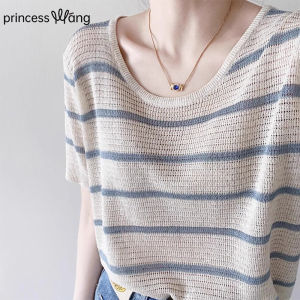 WANGGONGZHU | Summer Thin Ice Silk Knitted Top Womens Casual Loose Short Sleeve Round Neck Stripe Pattern Breathable Comfortable Fashionable