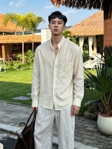 OUMULONG | Áo Sơ Mi Nam Phong Cách Old Money Pha Linen Mùa Hè
