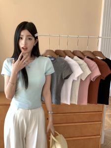 Chun Bai Womens Short Sleeve T-shirt Pure Color Slim Fit Round Neck Summer Casual Work Clothing Minimalist Style
