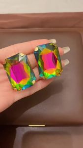 Shiny Colorful Square Rhinestones Stud Earrings for Women Geometric European and American Statement Ear Studs Accessories K