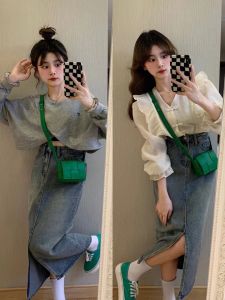 High Waist Slit Denim Skirt Sweet Savvy Style Versatile Slimming Mid-Length Half Skirt for Women Cotton Spring Season
