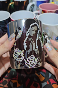 MIRROR SIVLER MARY MOTHER OF JESUS DESIGN FOR SUBLIMATION COFFEE MUG/CUP FOR GIFT/WEDDING/BIRTHDAY/CHRISTMAS OCCASION (with crystals and pearls)