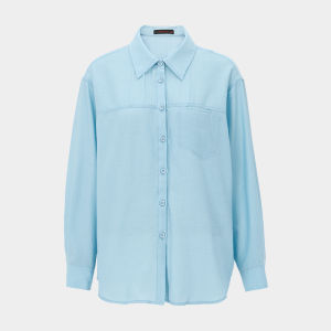 MY TENO | Ice Blue Long Sleeve Shirt Single Button Mix Fiber Collar Womens Business Casual Fashion Simple Style Polyester Viscose Blend