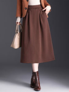 High Waist Mid-Length A-Line Skirt with Fleece Thickened Autumn Winter New Style Casual Versatile Merald Pattern Commute Style