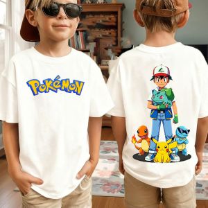 Bandai | New Anime Pokemon Cosplay T Shirt Pure Cotton Short Sleeve Retro Loose Casual Family Matching Outfits For Men Women Kids