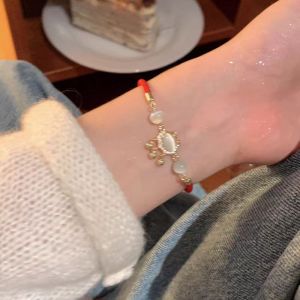 Delicate Cats Eye Stone Imitation Bracelet for Women Luxury Minimalist Woven Hand Rope Lucky Year Red Rope Ankle Chain New Model