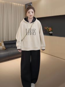 plus Size Hoodie Womens Fleece Lined Casual Contrast Color Slimming Large Print Long Sleeve Oversized Comfortable Winter Top