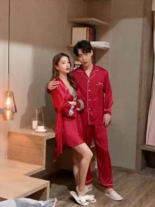 2 ชิ้น/เซ็ต เสื้อคลุมอาบ น้ำผ้าไหมชูดนอนคอวีเซ็กซี่สลิงชุดนอน สำหรับผ้าที่พร้อมผูกเอว - สีเข็ม