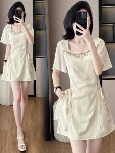 French Lady Style Short Sleeve Tassel Design Dress Set Womens Maturity Wide Leg Shorts Two Piece Set Commute High Waist A-Line Skirt