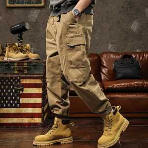 Loose American Style Mens Cotton Work Trousers Khaki Color Retro Martin Pants Casual Long Trousers Spring Autumn Season
