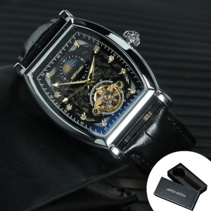 AOKULASIC Tourbillon Iced Out Skeleton Automatic Mechanical Watches for Men Luxury Moon Phase Casual Leather Strap Mens Watch