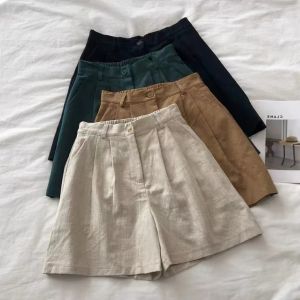 Retro Japanese Cotton Linen Casual Shorts Women Summer New Lightweight High Waist Loose Pure Color Versatile Five Wide Leg Pants
