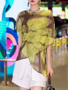 QINGNAER | Irregular Color Design Round Neck Gauze Short Sleeve Plus Size Loose Casual Blouse